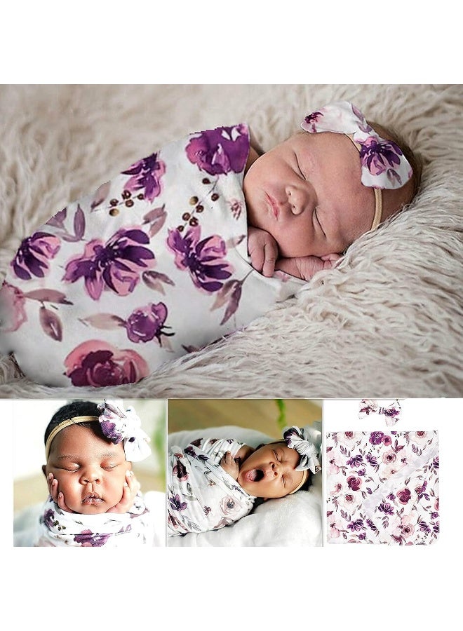 BxuanW Baby Girl Receiving Blankets Headband Set Soft Stretchy Swaddle for Newborn (Purple) - Image 3